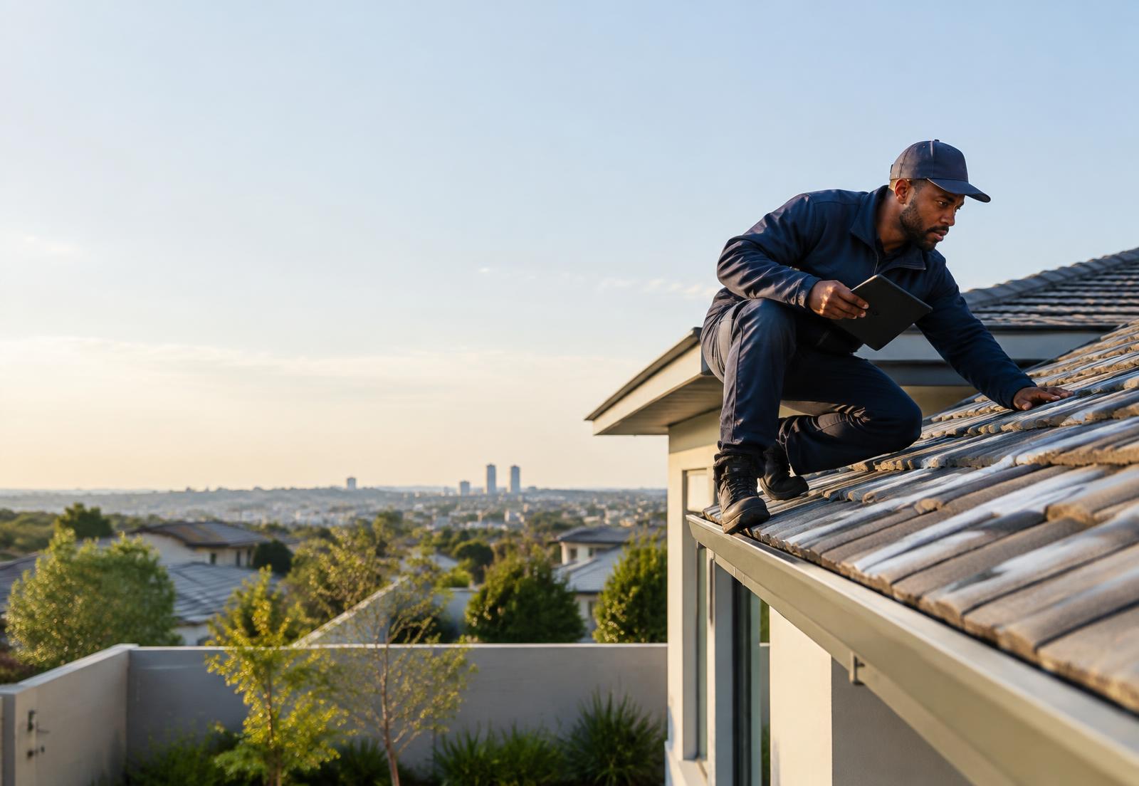 A property services professional inspecting a Gauteng home roof